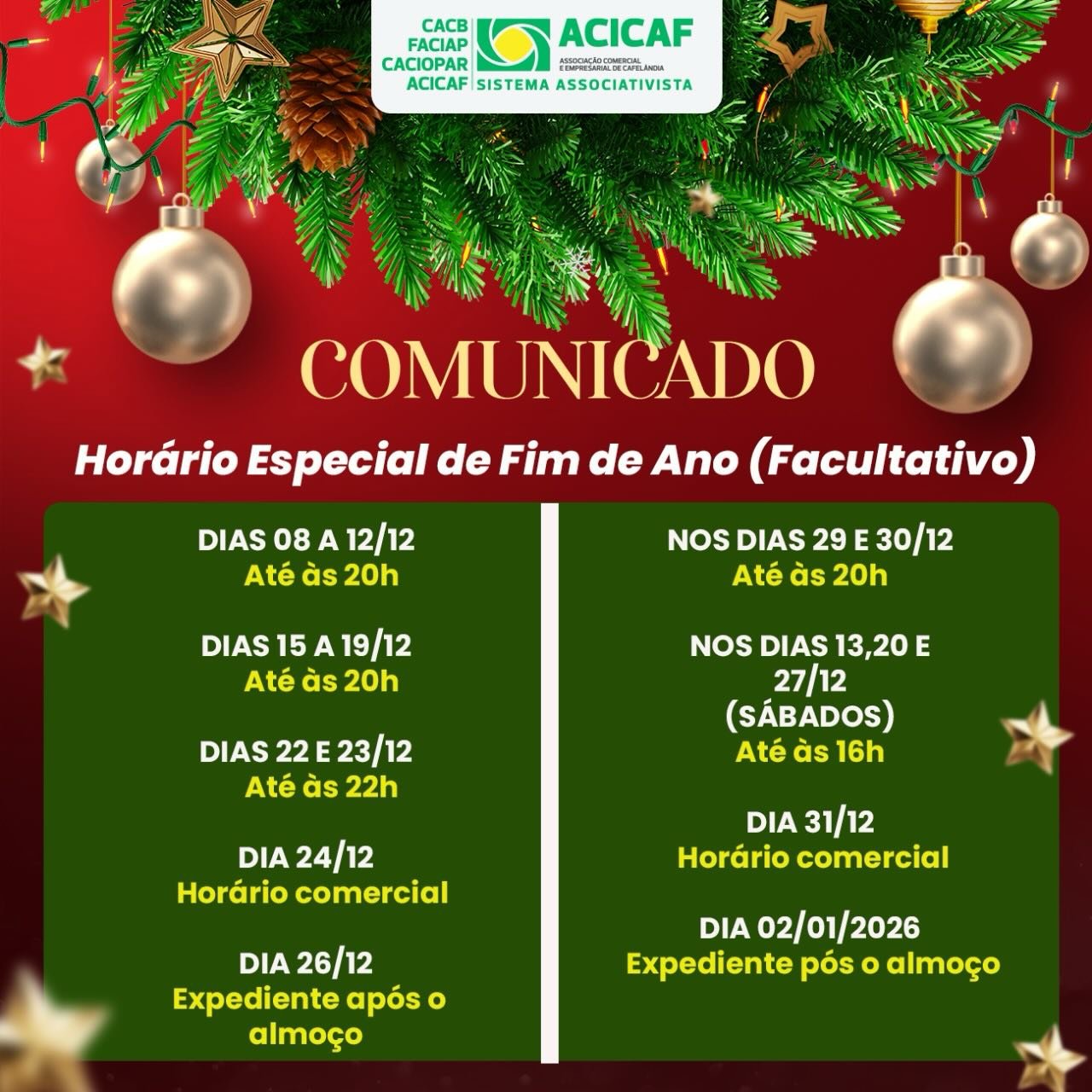 HORÁRIO ESPECIAL DE FIM DE ANO (FACULTATIVO)