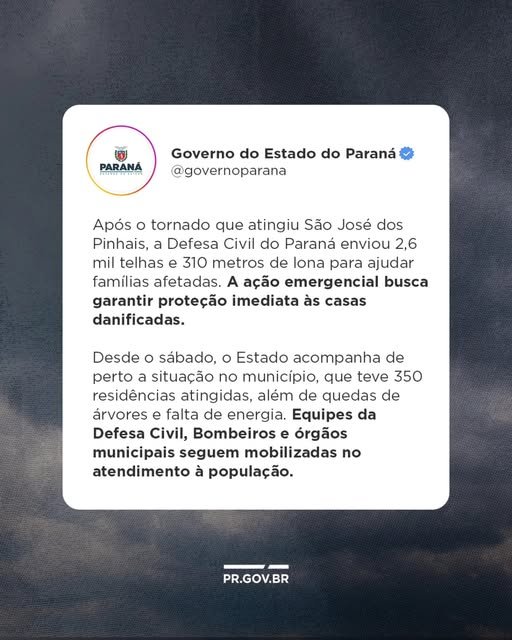 Após o tornado que atingiu São José dos Pinhais, o Governo do Paraná e a Defesa Civil seguem atuando para garantir apoio rápido às famílias afetadas.
