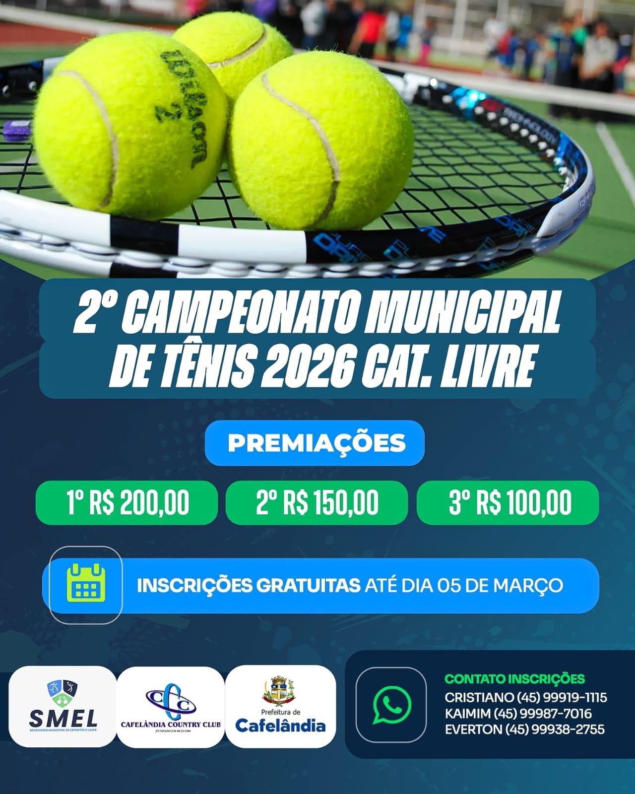 Cafelândia: estão abertas as inscrições para o 2º Campeonato Municipal de Tênis 2026 – Categoria Livre